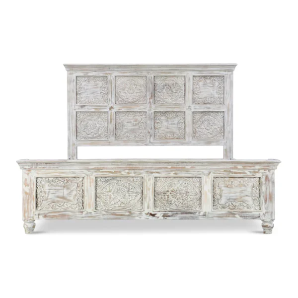 Caldera Rustic Distressed White Hand-Carved Wooden Bed