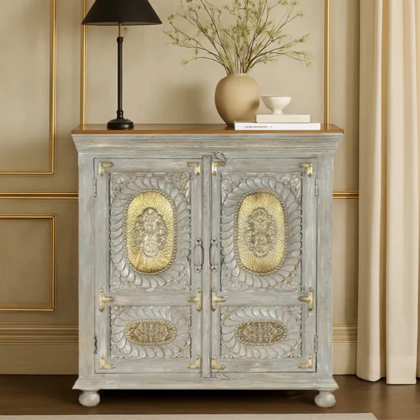Prescott Hand-Carved Wooden Small Sideboard in Distressed Grey