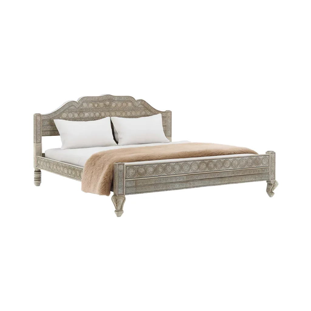 Rialto Distressed Antique Wooden Bed with Ornate Decorative Carving