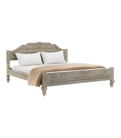 Rialto Distressed Antique Wooden Bed with Ornate Decorative Carving
