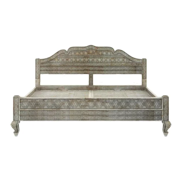Rialto Distressed Antique Wooden Bed with Ornate Decorative Carving