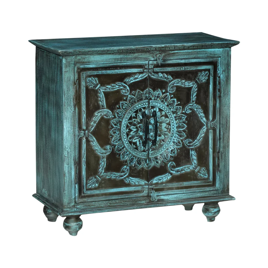 Tonalea Hand-Carved Distressed Turquoise Solid Wood Small Sideboard