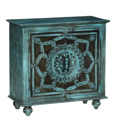 Tonalea Hand-Carved Distressed Turquoise Solid Wood Small Sideboard