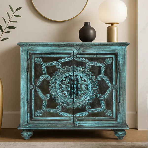 Tonalea Hand-Carved Distressed Turquoise Solid Wood Small Sideboard