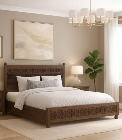 Winnetka Teak Finish Low Profile Wooden Bed with Decorative Carving