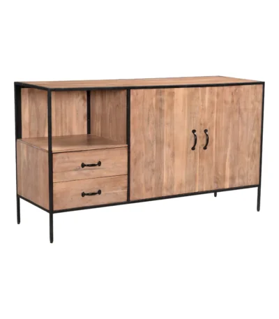 Briventa Rustic Wooden Sideboard with Black Metal Frame - Isometric View