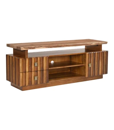 Drevora Modern Solid Wood TV Unit with Storage - Isometric View