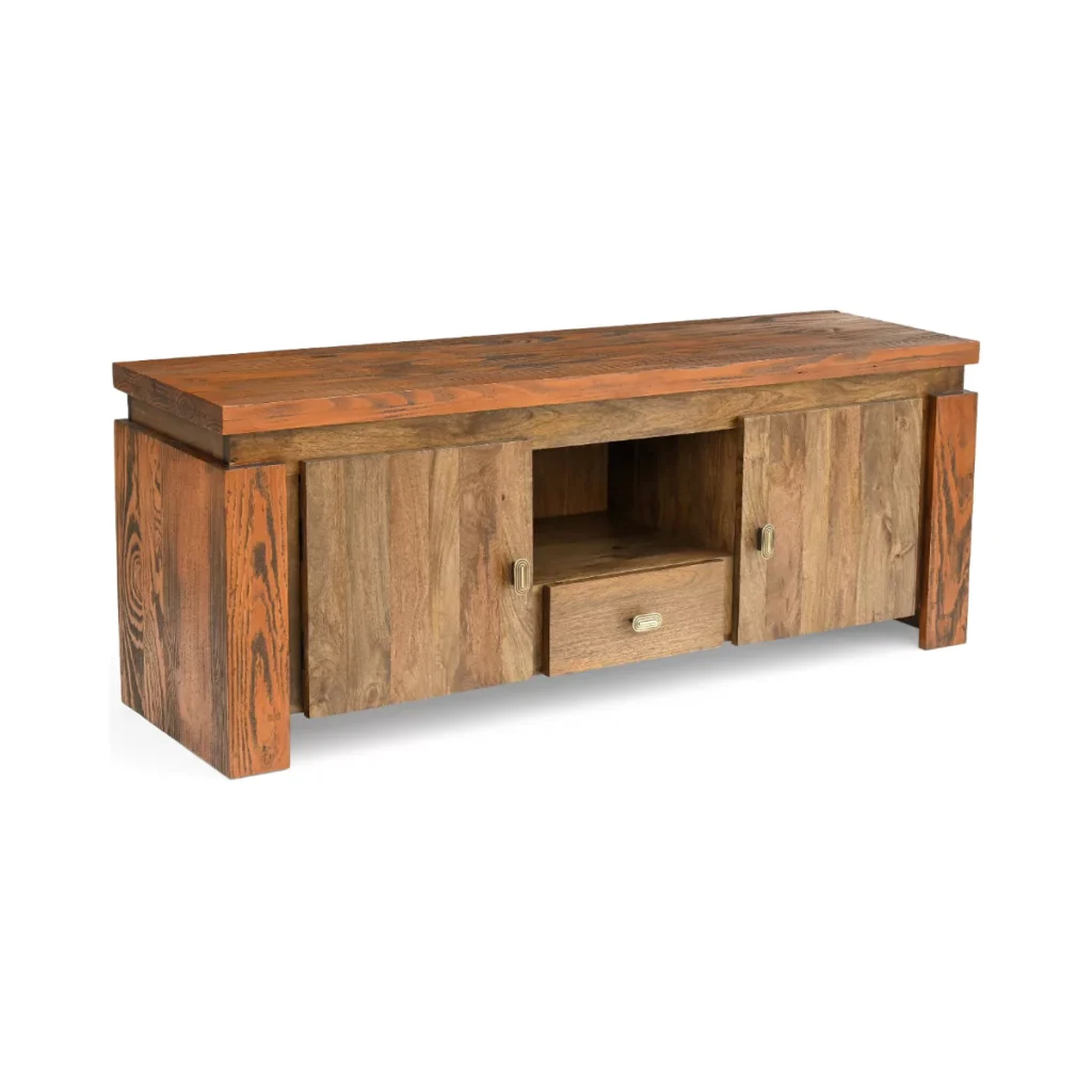 Evorence Traditional Solid Rustic Wood TV Stand - Isometric View