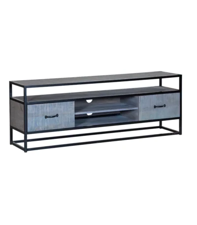 Ovela Wooden Grey Industrial TV Stand - Isometric View